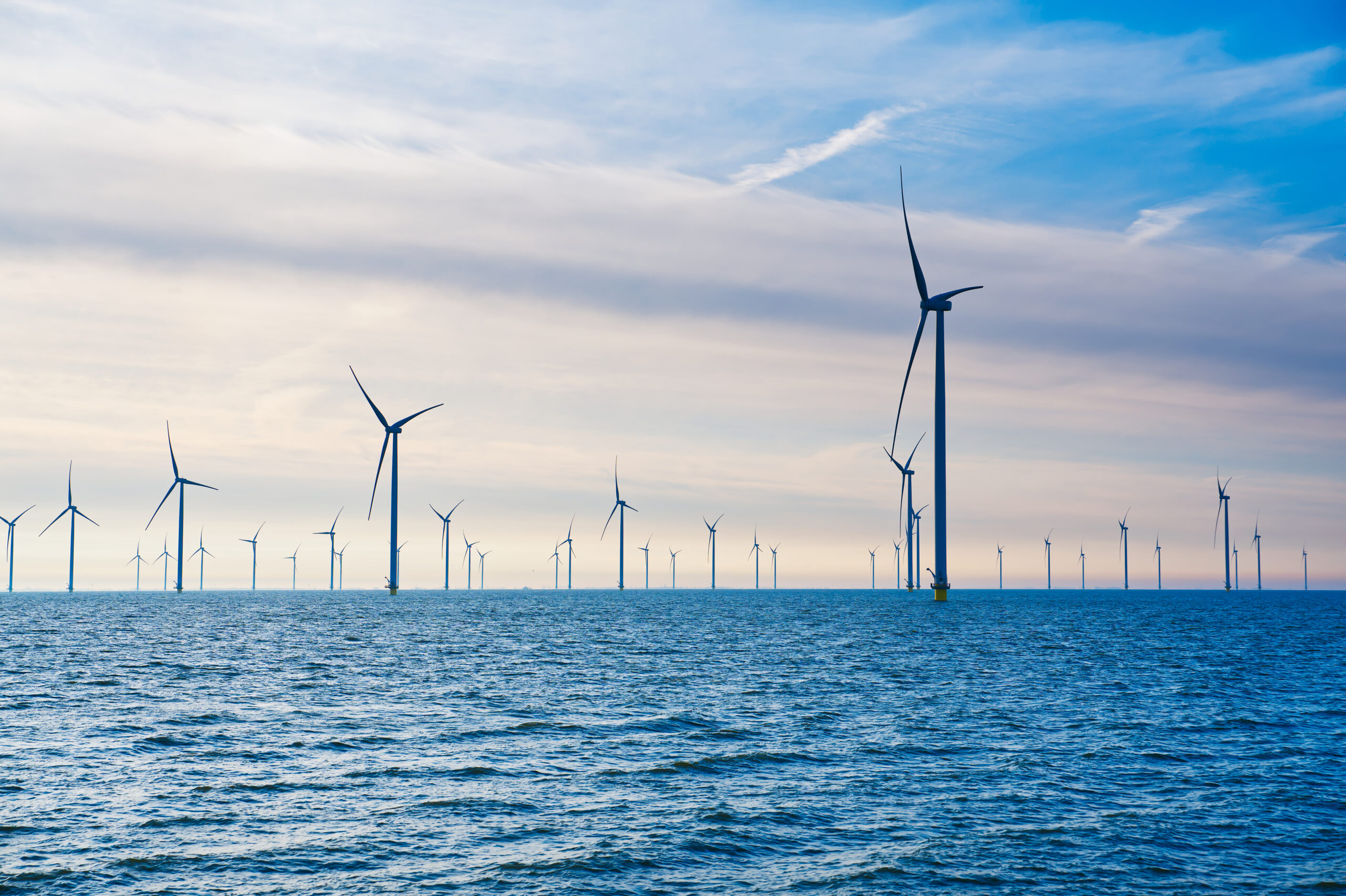 Offshore windmill farm with 30 windmills isolated in the sea.