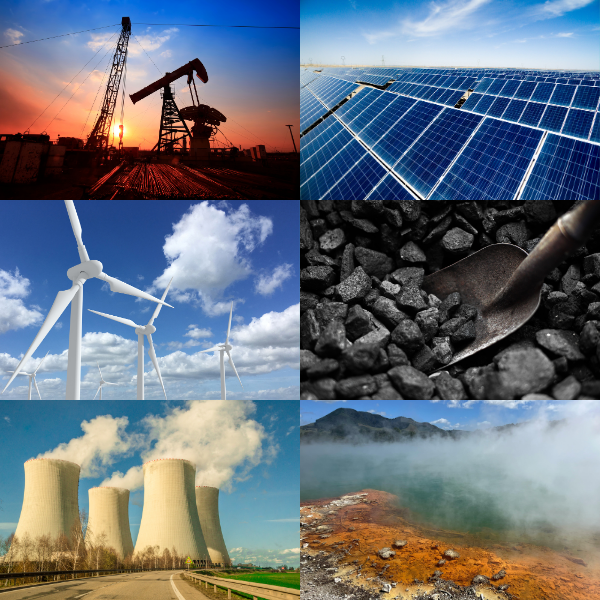 Six images of different types of energy: natural gas, solar, wind, coal, nuclear, and geothermal
