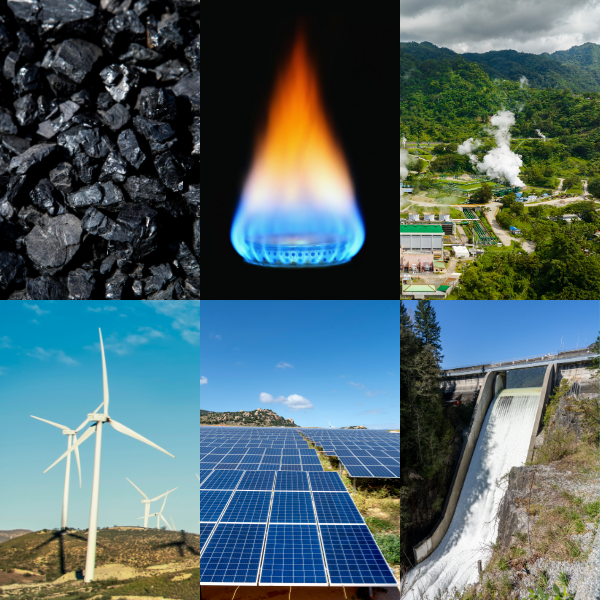 Six images showing different energy sources: coal, natural gas flame, geothermal plant, wind turbines, solar panels, and a hydroelectric dam.