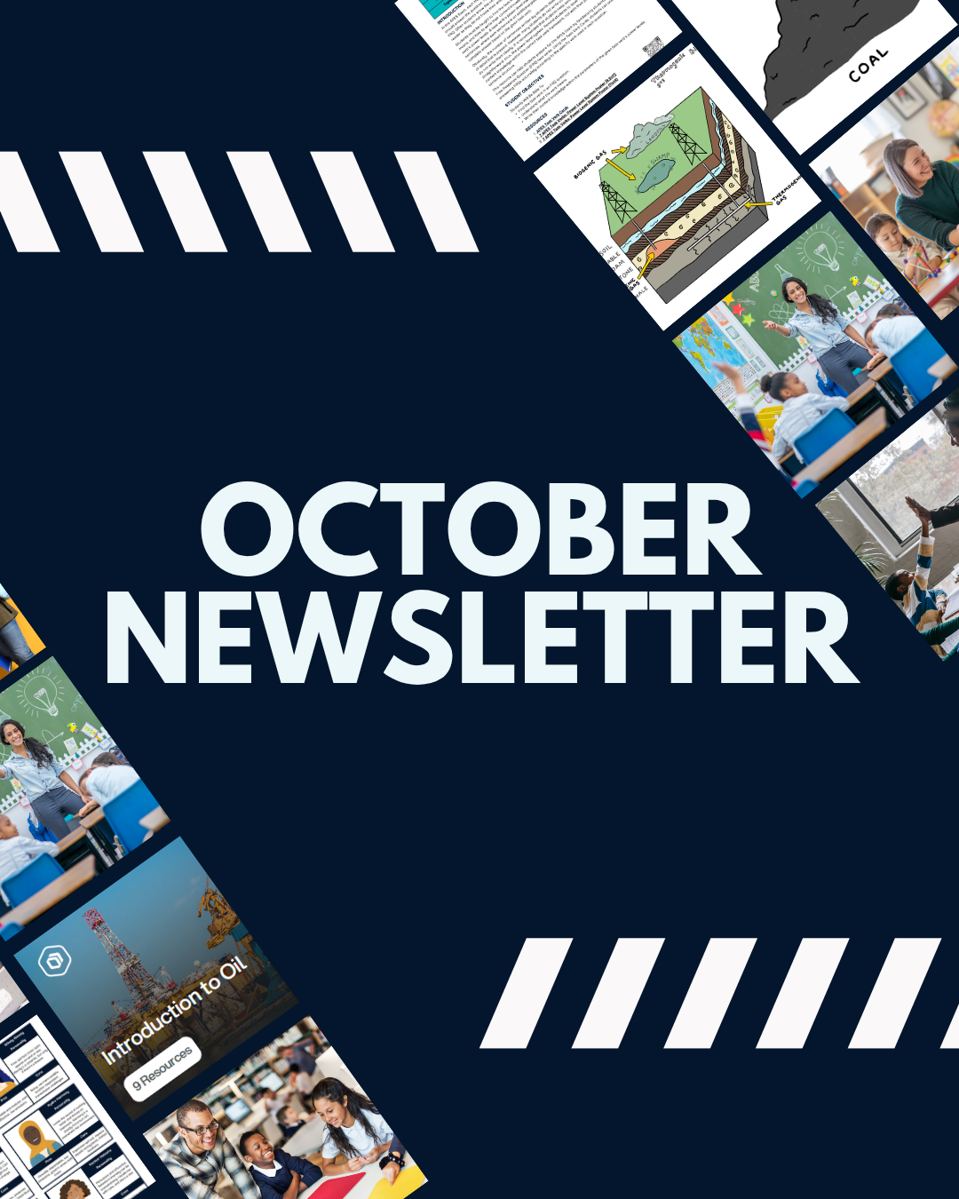 Blue and white October Newsletter banner with clips of Switch Classroom activities.