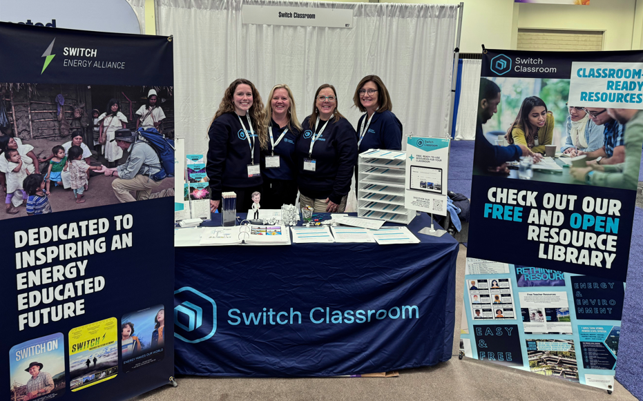 The Switch Classroom booth at NSTA 2025 in Minneapolis, with Jillian Swets, April Thompson, Julie Valsaint, and Lynn Kistler